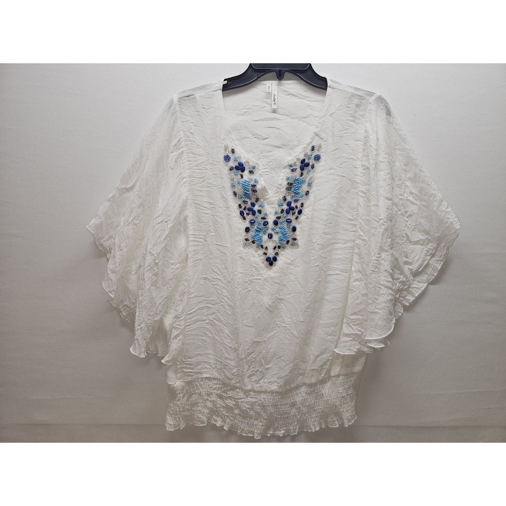 VTG Y2K Studio Y White Beaded V Neck Blouse M Coastal Cowgirl Folk Festival Boho